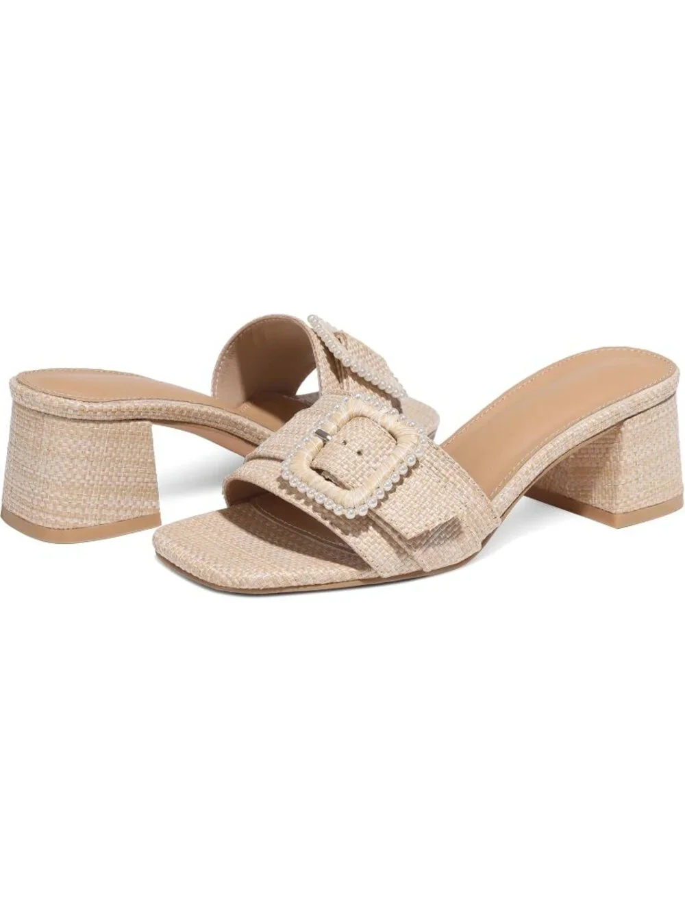 Women's Apricot Summer Chunky Heels Square Toe Mules Slip On Heeled Sandals